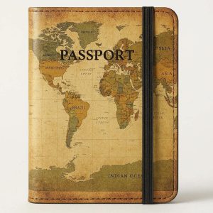 14 Vintage World Map Passport Holder For Adventurers With Elastic Band Closure And Durable Protective Cover